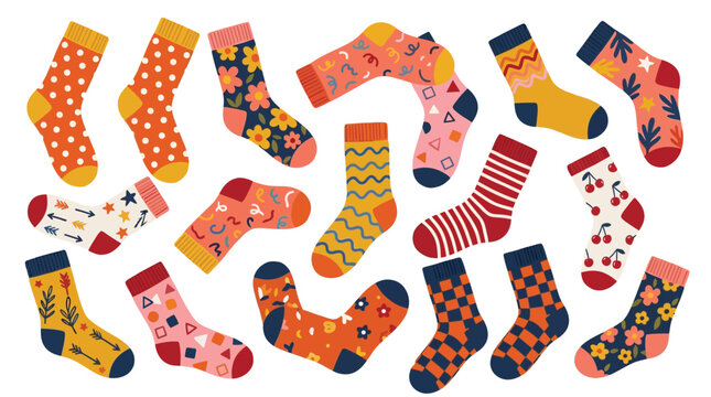 A colorful vector illustration featuring many different patterned socks with various artistic designs and styles