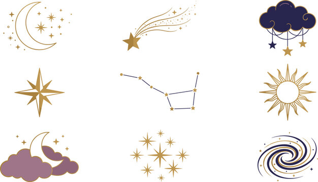 Elegant Celestial Night Sky Icon Set with Gold Stars Moon Constellations and Galaxy Symbols for Mystical Stationary Branding and Logo Designs