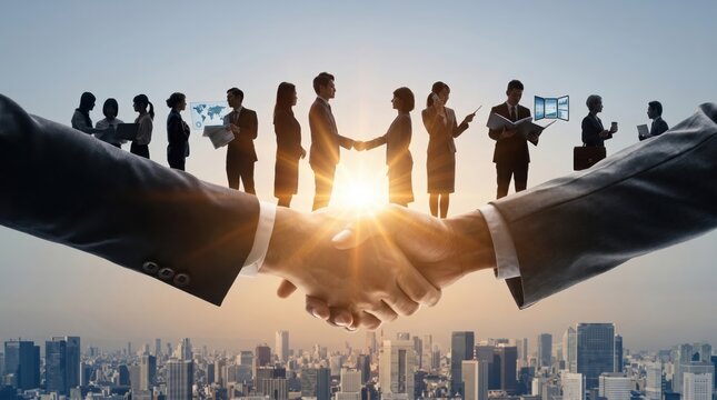 Business handshake over city skyline, professional team collaboration, corporate partnership, successful deal agreement, global networking, strategic alliance