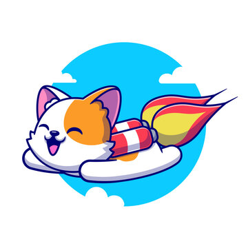 Cute Cat Flying with Rocket Cartoon 