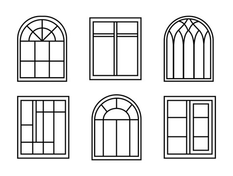 Decorative Window Frame Icons Set. Arched, Gothic and Modern Architectural Window Outline Collection