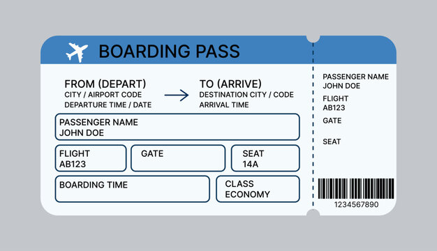 Boarding Pass Ticket Template. Airline Flight Pass, Travel Check-In Coupon and Airport Boarding Card Design