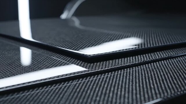 Carbon fiber weave patterns create a textured dark surface with sharp geometric reflections under bright directional light.
