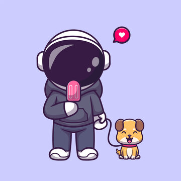 Cute Astronaut Eat Ice Cream With Dog Pet Cartoon
