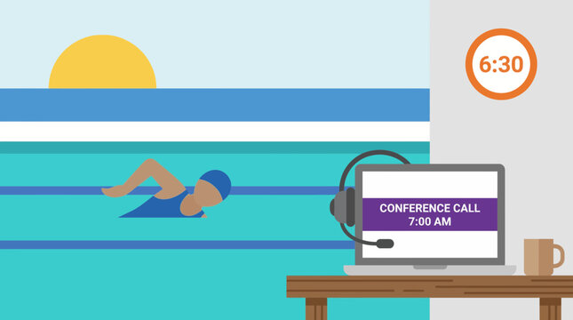 Worker Swimming Laps Before Early Morning Conference Call