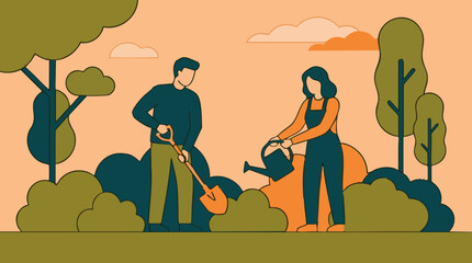 Couple gardening, man digging with shovel and woman watering plants © Creative Layer