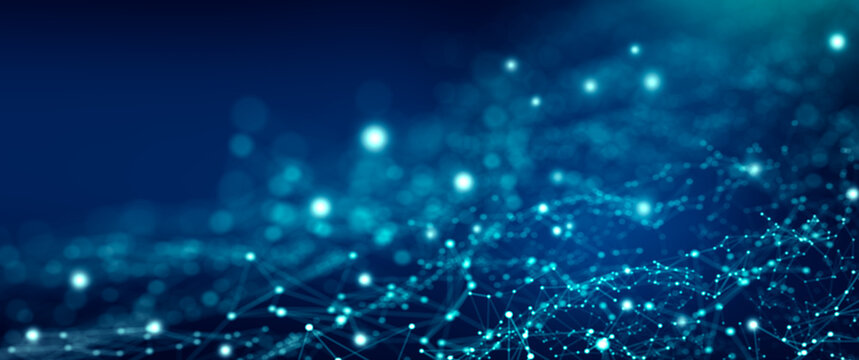 Abstract futuristic digital network nodes connected with glowing blue light lines in space
