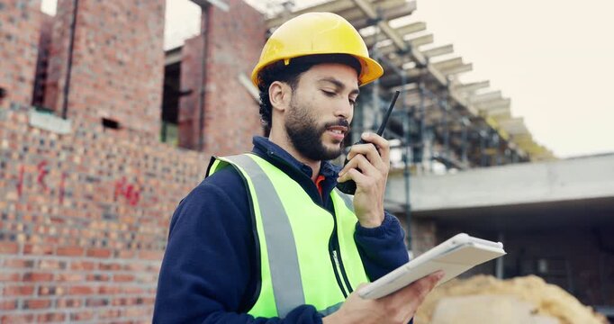 Construction, tablet or man on site with radio, task brief and inspection update in chat. Industrial, contact or engineer with tech, progress report or project coordination in feedback communication.