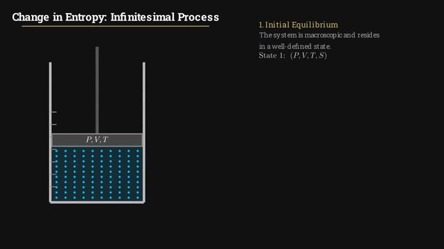 2D physics simulation detailing the change in entropy for an infinitesimal process using calculus notation, thermodynamic animation