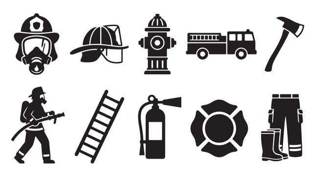 Firefighting icons set including firefighter, helmet, hydrant, truck, axe, ladder, extinguisher