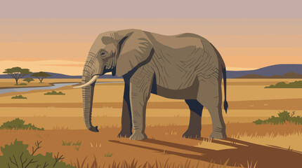 A large elephant stands in a dry grassland during sunset © Deni