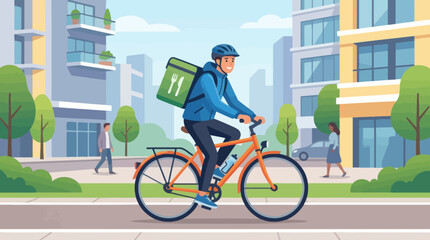 Fototapeta premium A person rides a bicycle with a food delivery bag in a city