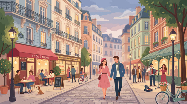 A couple strolls down a charming street lined with cafes and shops