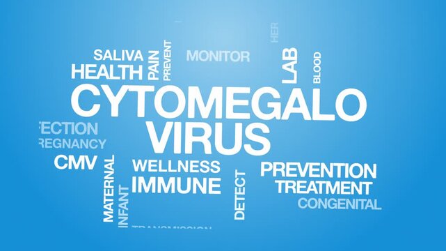 Cytomegalovirus CMV concept Animated Tag Word Cloud kinetic typography, Text Design Animation typography seamless loop video motion graphics Intro Wordart arrangement blue background bg backdrop