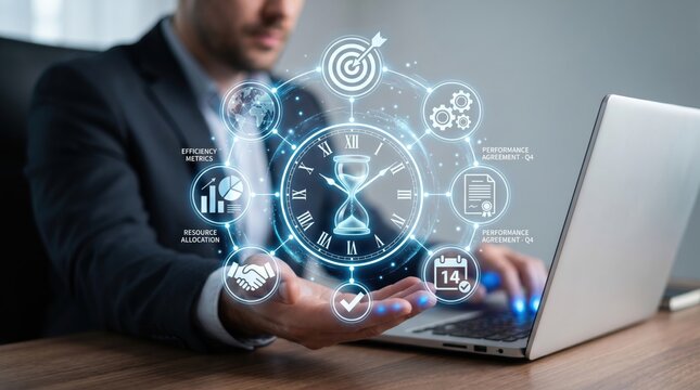 Businessman holding holographic interface with clock and hourglass, symbolizing time management, efficiency metrics, performance agreement