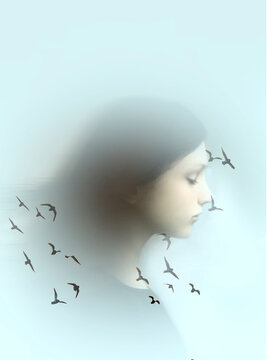 Dreamlike concept of a girl with birds expressing freedom