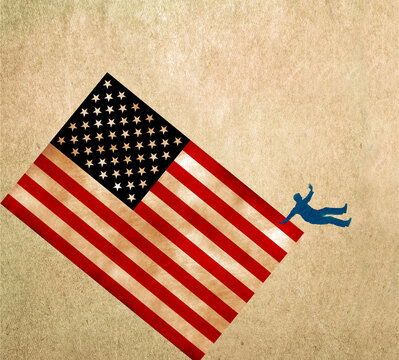 Concept illustration of silhouette falling from the American flag