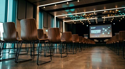 Fototapeta premium Empty conference chairs in modern seminar hall with screen for corporate event marketing