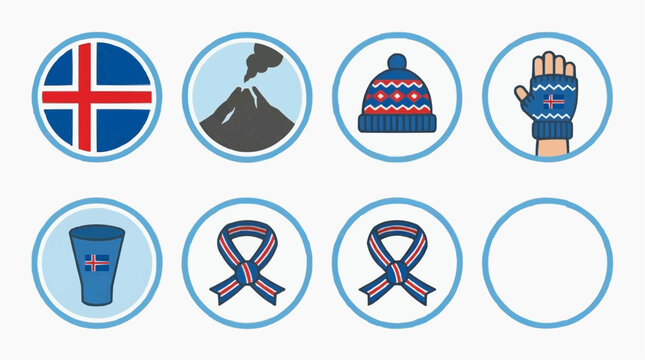 Icons Set of Icelandic Flag, Volcano, Winter Hat, Gloves, Cup, and Ribbons for Travel, Tourism, Sports, and Cultural Events, Modern Flat Vectorized Gr