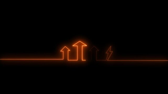 Neon orange glowing arrows and lightning bolt line animation on black background