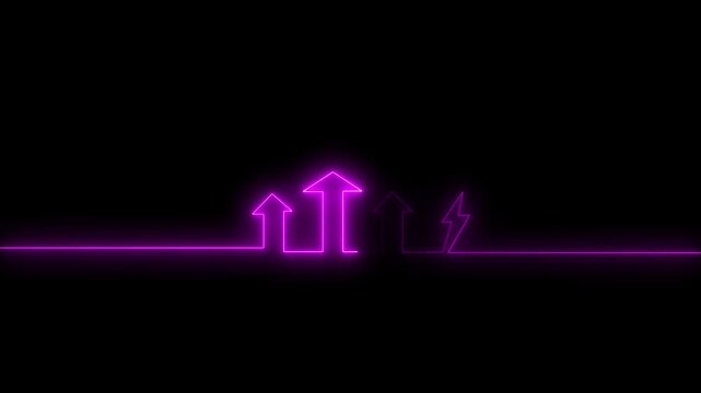Neon purple growth arrows and lightning bolt animation on black background, glowing