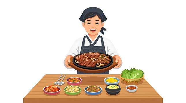 Professional chef serving authentic Korean BBQ plate with side dishes