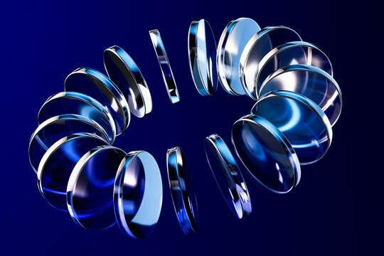 Abstract 3D rendering of floating glass optical lens arrangement