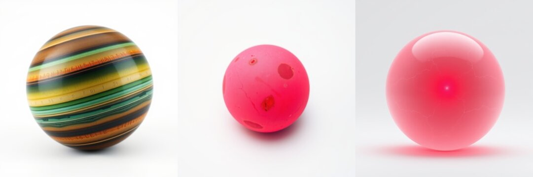 Three spherical objects displayed. Colorful striped sphere, pink textured ball, glossy red orb. Simple studio lighting, white background.