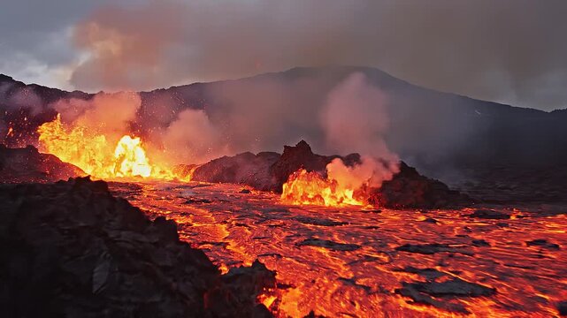 Tracking shot of volcanic lava fountain erupting and flowing across dark volcanic field and crater at dusk with smoky plumes