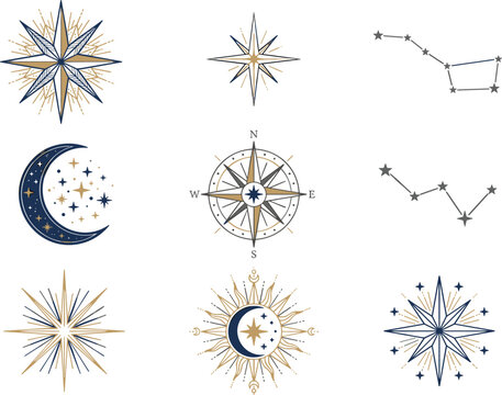 Mystical Celestial Navigation Icon Set with Wind Rose Compass Moon Constellations and North Star Symbols for Vintage Branding and Logo Designs