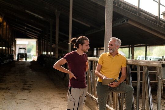 Mature farmer with tablet and adult son on a farm