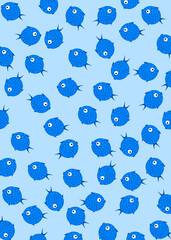 Seamless pattern of cute blue cartoon fish swimming underwater