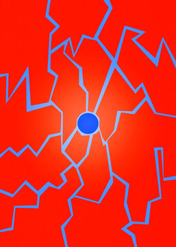 Abstract red background with blue energy core and lightning