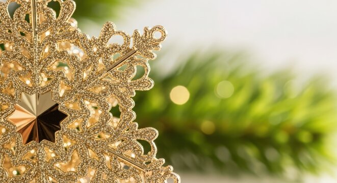 Golden snowflake ornament on green Christmas tree branches with soft lights. Festive decoration captures holiday spirit, creating memorable moments during celebrations, ideal for Christmas marketing.