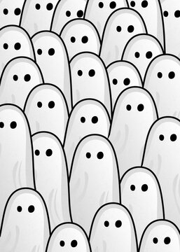 Dense crowd of spooky white cartoon ghosts for Halloween