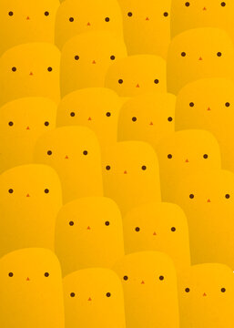 Whimsical illustration of a large flock of cute yellow chicks