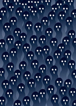 Dense crowd of spooky floating phantom silhouettes in dark blue