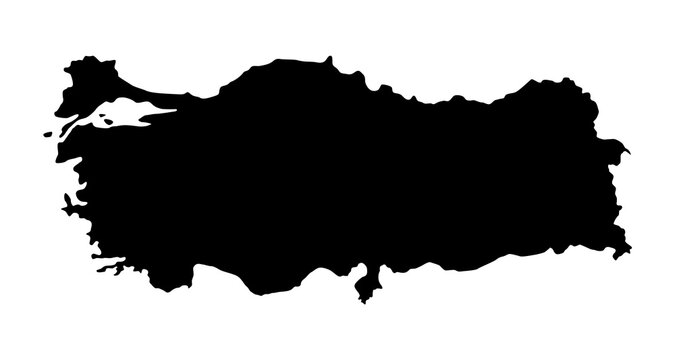 Vector map of Turkey, a transcontinental country, located in Asia and Europe. Detailed black silhouette, isolated on white background.