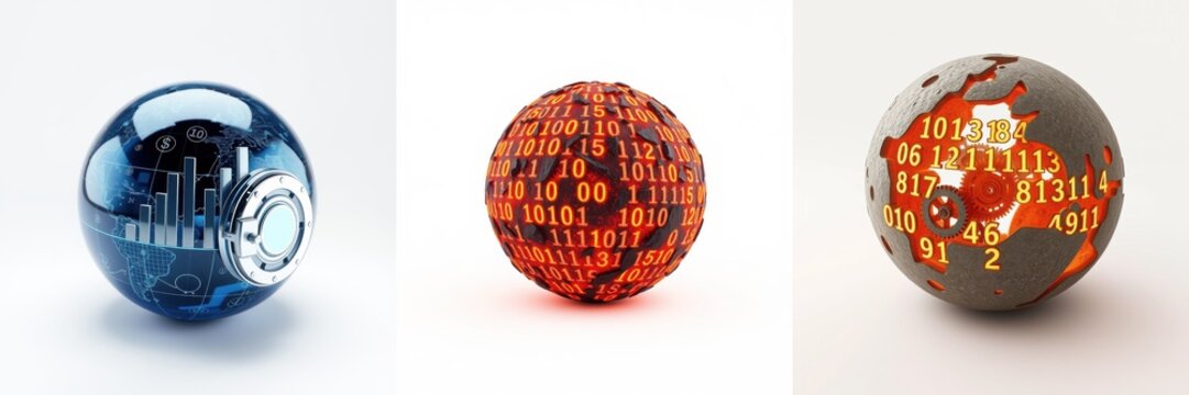 Spheres represent data, technology, digital world. Binary code, cityscapes, textures visible. Reflective surfaces, dark background present.