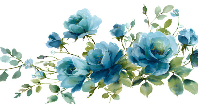 Delicate blue roses with lush green foliage, beautifully arranged, clean white background
