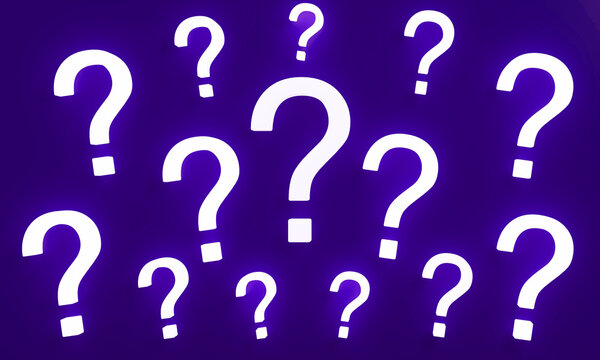 Glowing white question marks on a purple background