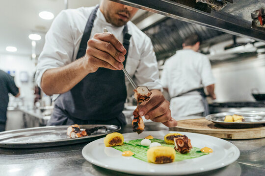 Chef garnishing plate with food