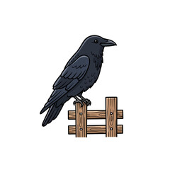 Obraz premium Black Raven Perched on Wooden Fence Illustration