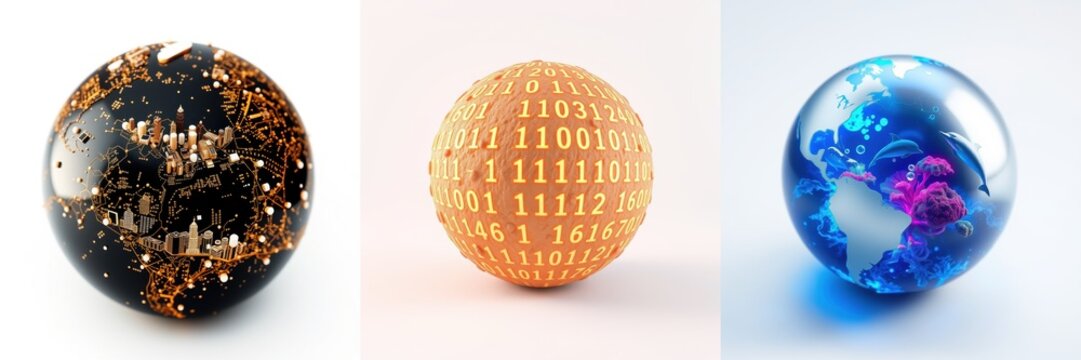 Three spherical images represent city, data, earth. Bright colors, glossy surfaces, modern aesthetic. Visual concepts linked together.