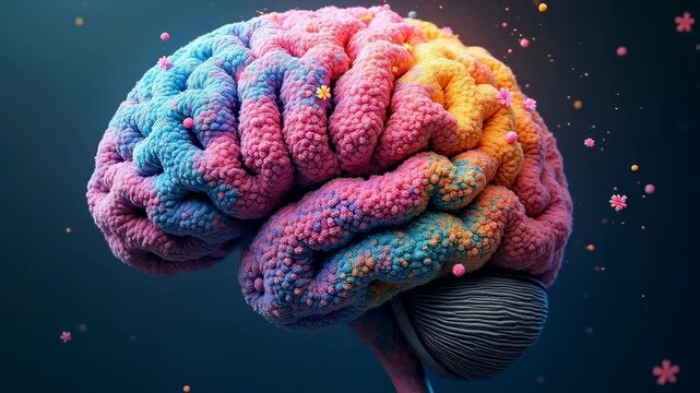 Colorful brain model with vibrant pink, blue, and orange textures, surrounded by small floating flowers against a dark background, showcasing intricate details and unique design