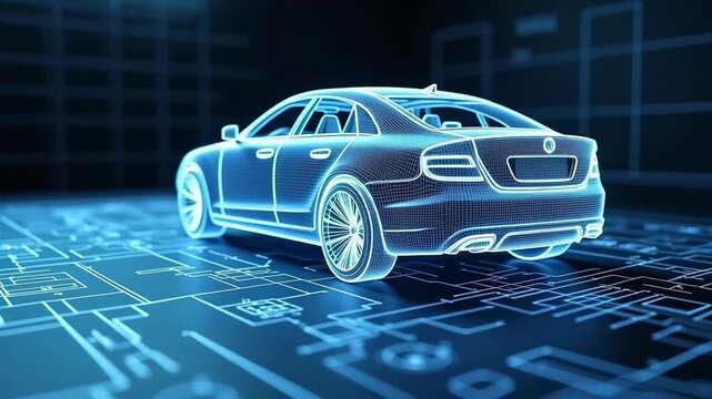 3D wireframe model of a luxury sedan car displayed on a digital blueprint background, showcasing detailed design elements and technical specifications in a futuristic setting