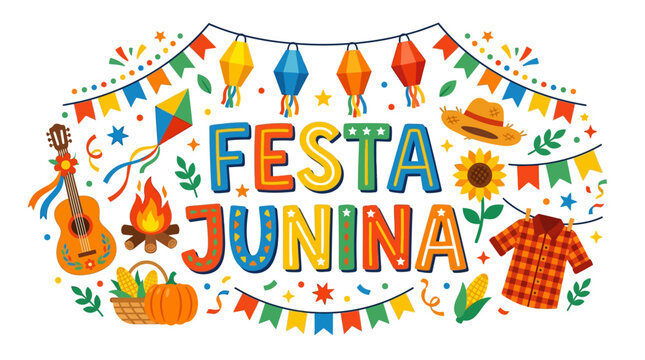 Colorful festa junina banner with lanterns flags and traditional icons