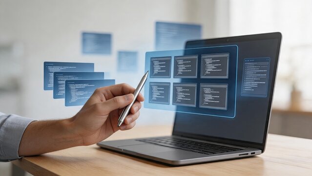 Software developer coding with holographic interface projection from laptop, advanced programming concept and futuristic technology workflow for web development and system