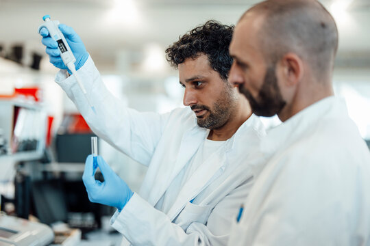 Scientists analyzing liquid sample with pipette in a laboratory