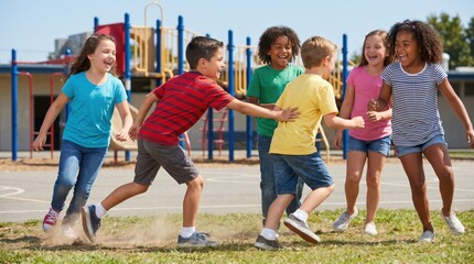 Happy children playing tag on playground.